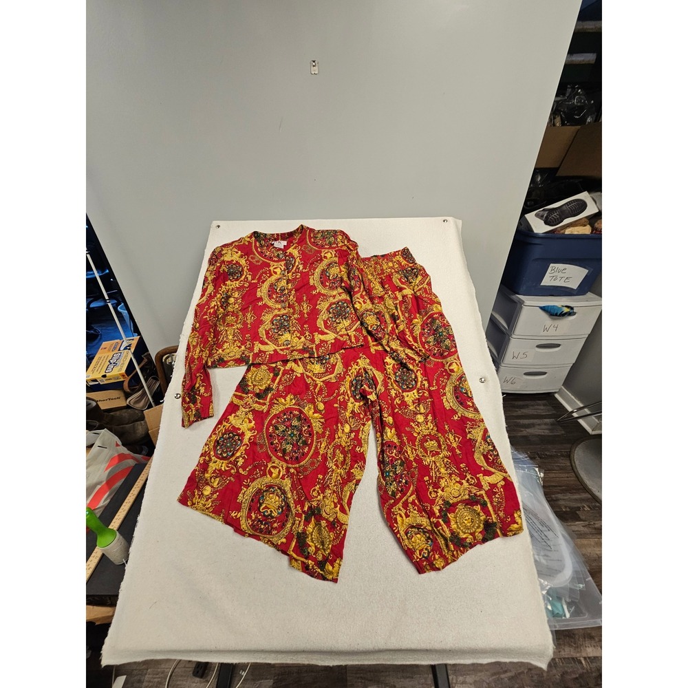 R&K Originals Vintage Red Baroque Print 2 Piece Set Top & Wide Leg Pants Size 16